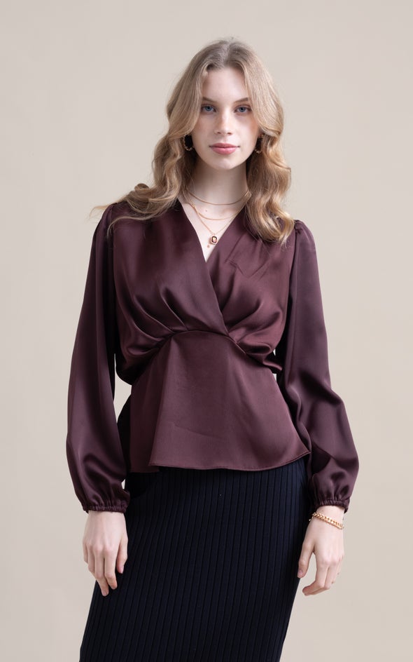 Satin Pleated Cross Front LS Top Chocolate