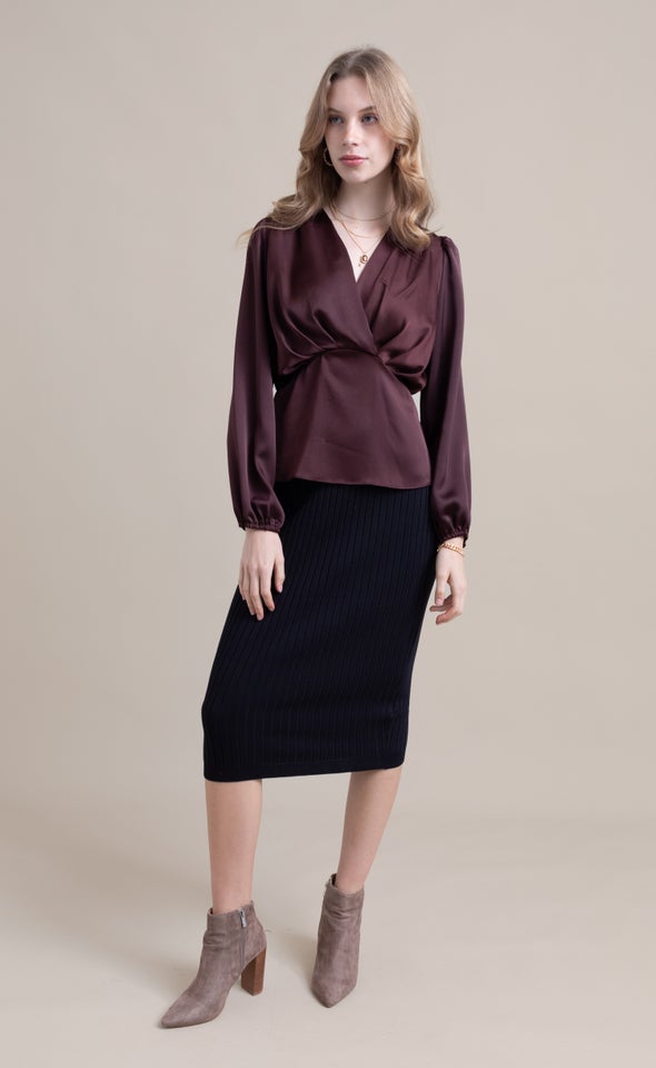 Satin Pleated Cross Front LS Top Chocolate