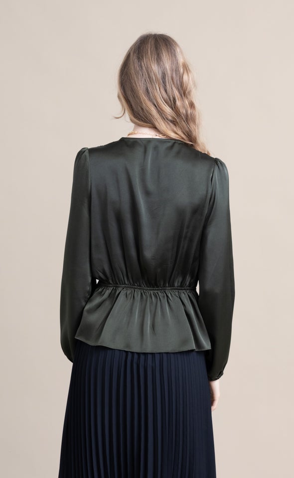 Satin Pleated Cross Front LS Top Forest Green