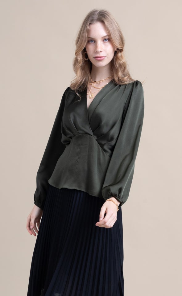 Satin Pleated Cross Front LS Top Forest Green