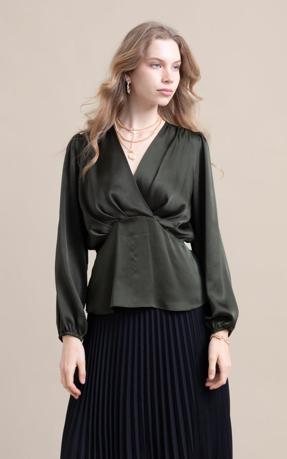 Satin Pleated Cross Front LS Top Forest Green