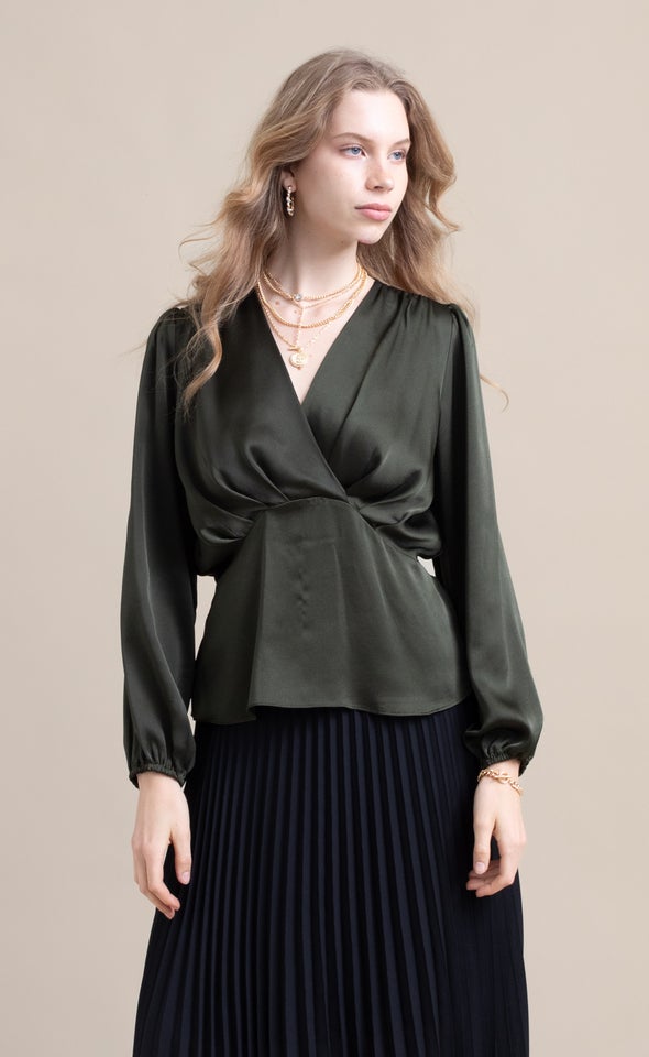 Satin Pleated Cross Front LS Top Forest Green
