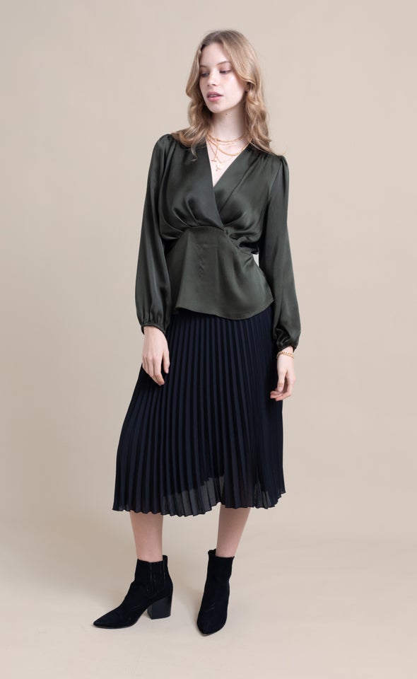 Satin Pleated Cross Front LS Top Forest Green
