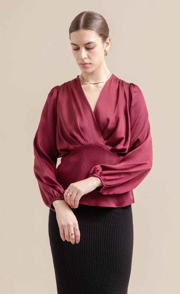 Satin Pleated Cross Front LS Top Maroon
