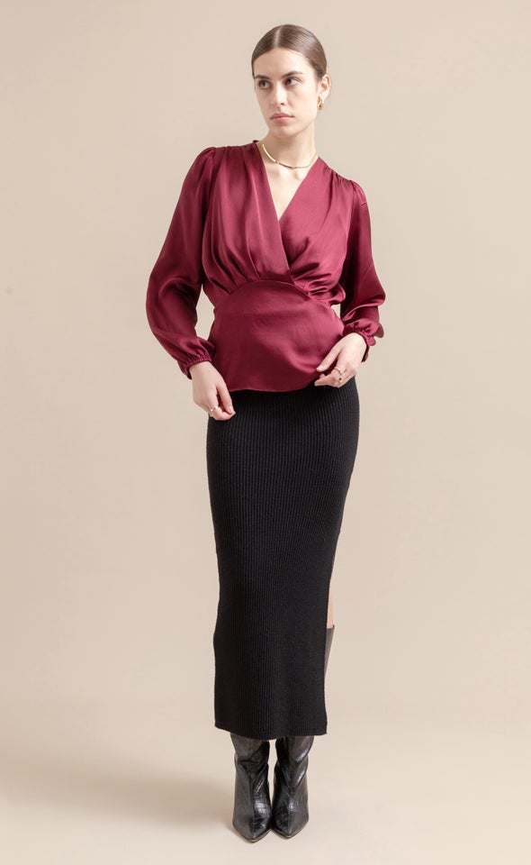 Satin Pleated Cross Front LS Top Maroon