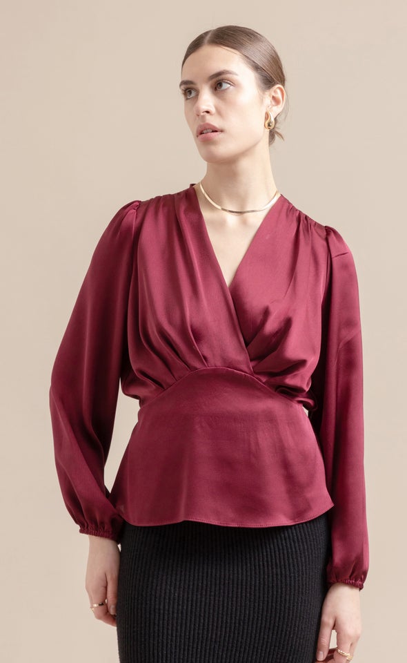 Satin Pleated Cross Front LS Top Maroon