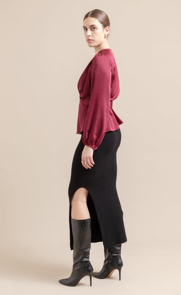 Satin Pleated Cross Front LS Top Maroon