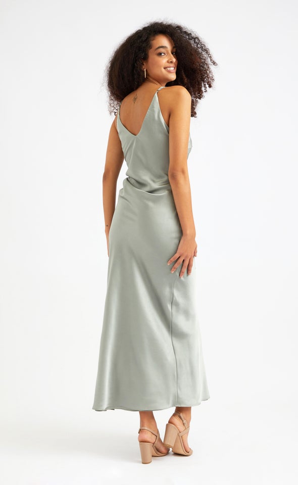 Satin Pleated Waist Detail Gown Light Sage