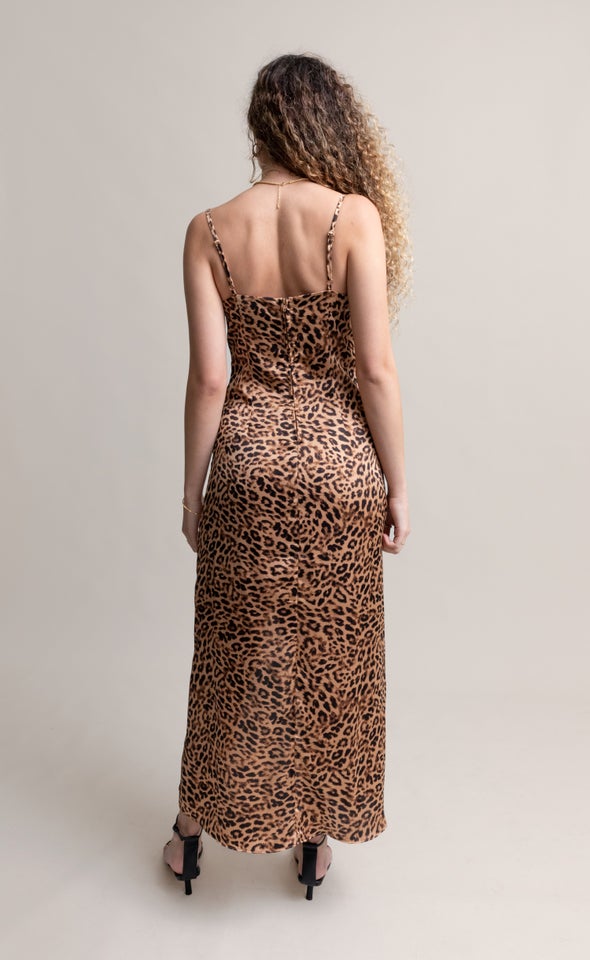 Satin Print Bias Pleat Detail Gown Leopard Print