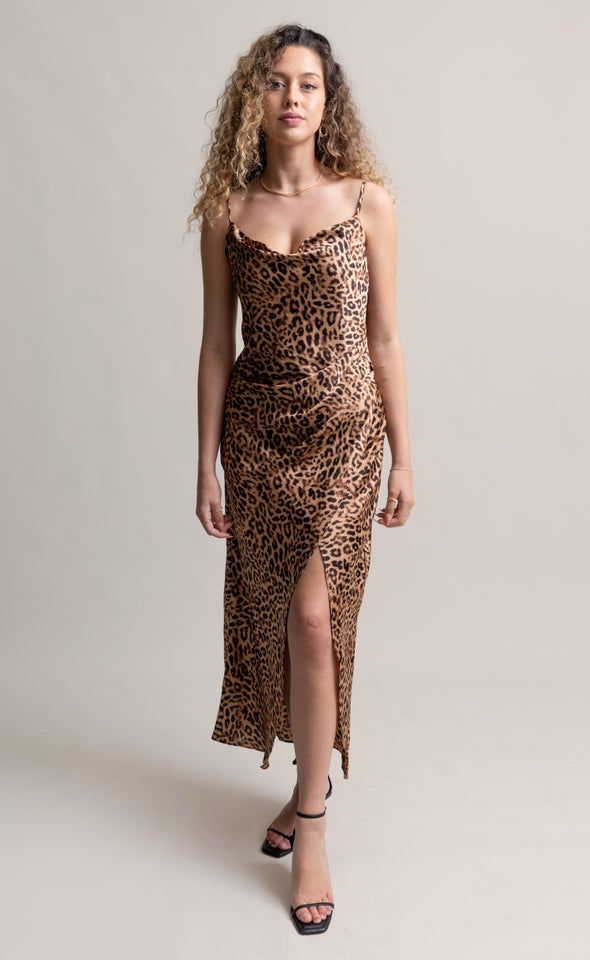 Satin Print Bias Pleat Detail Gown Leopard Print