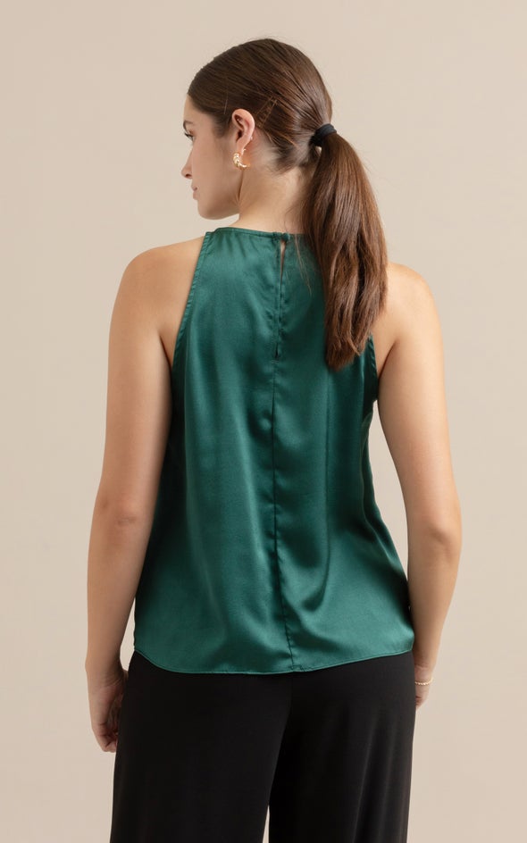 Satin Ruched Halter Shell Top Emerald