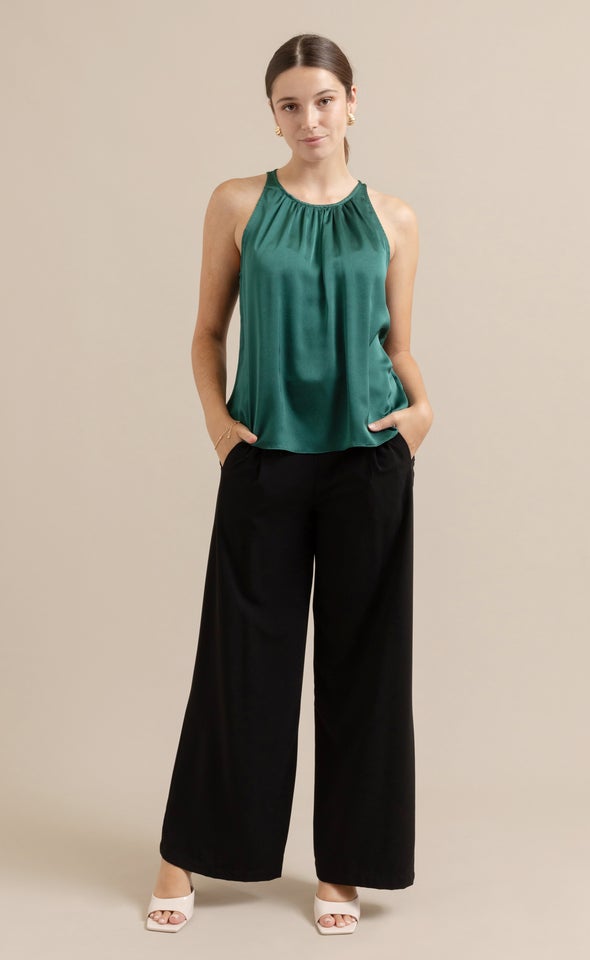Satin Ruched Halter Shell Top Emerald