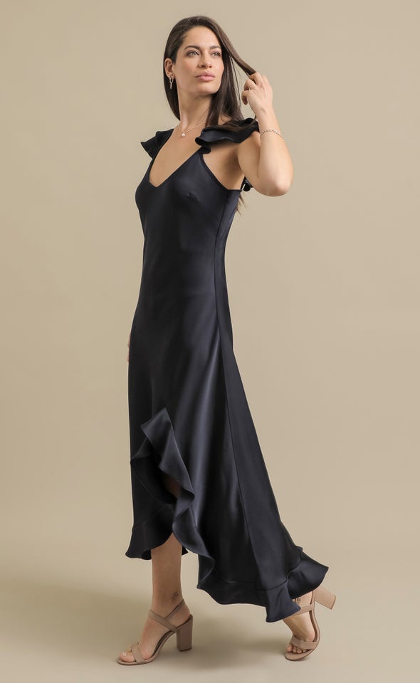 Satin Ruffle Detail Gown Ink