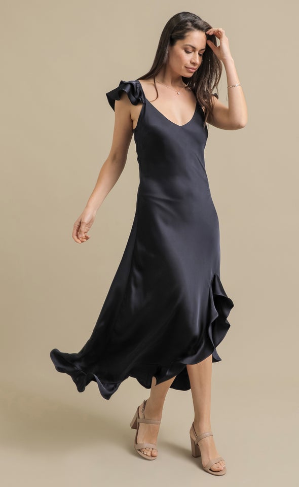 Satin Ruffle Detail Gown Ink