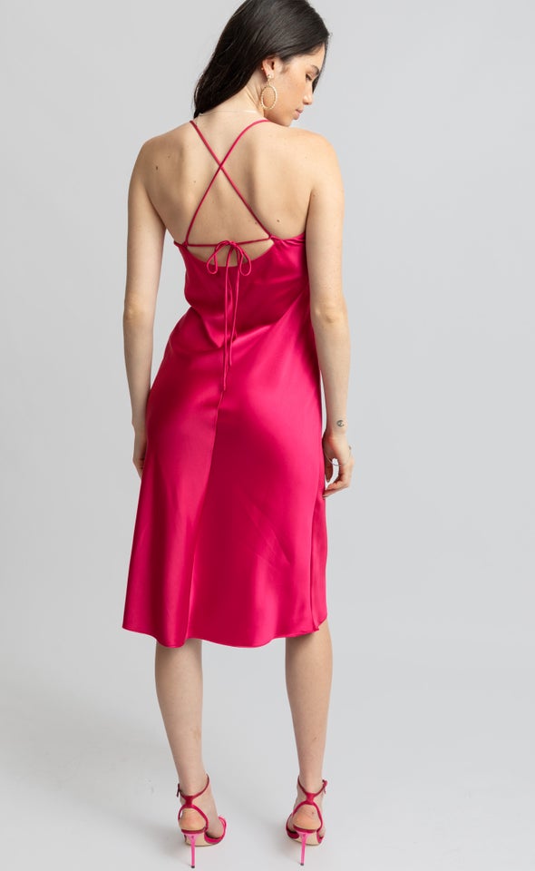 Satin Scoop Neck Midi Dress Fuchsia