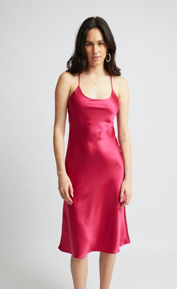 Satin Scoop Neck Midi Dress Fuchsia