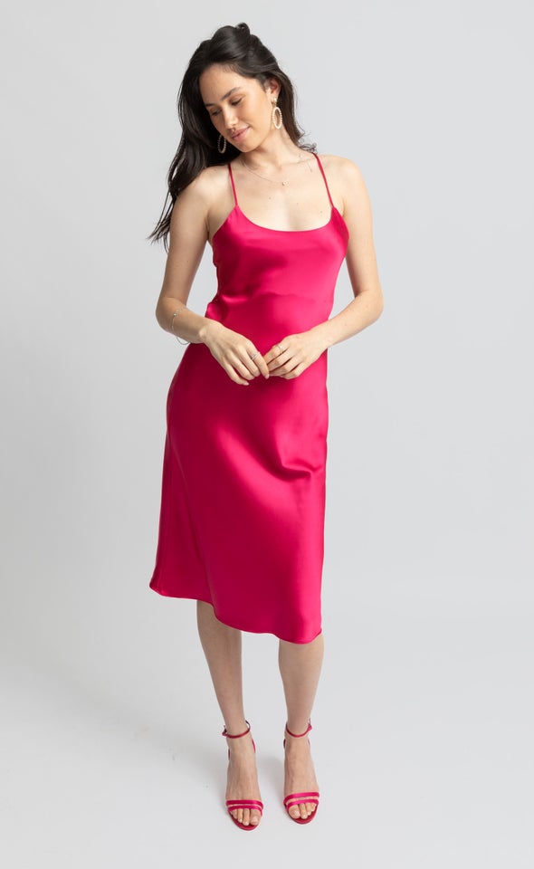 Satin Scoop Neck Midi Dress Fuchsia