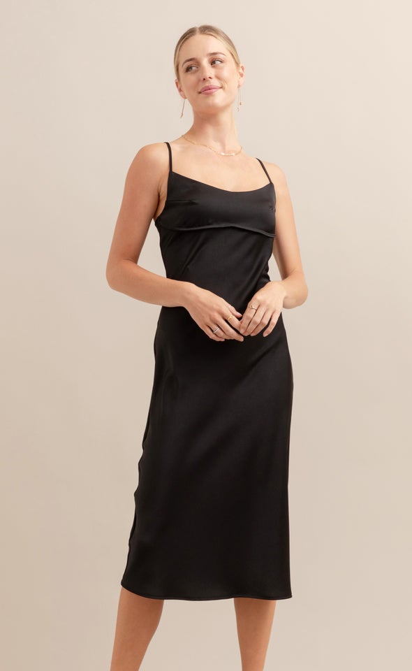 Satin Scoop Neck Slip Dress Black