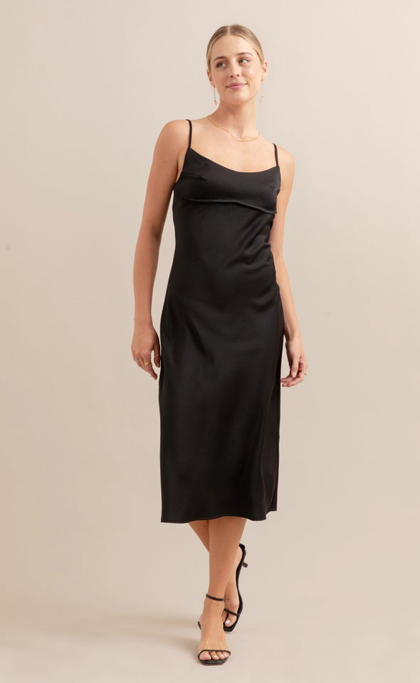 Satin Scoop Neck Slip Dress Black