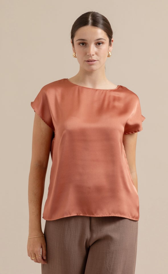 Satin Scoop Neck Top Clay
