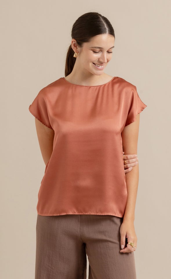 Satin Scoop Neck Top Clay