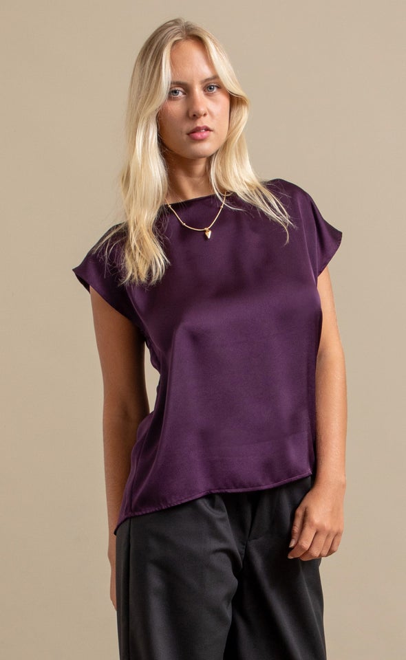 Satin Scoop Neck Top Dark Purple