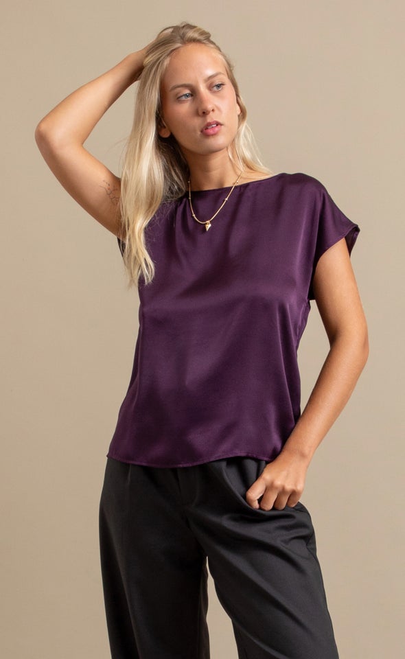 Satin Scoop Neck Top Dark Purple