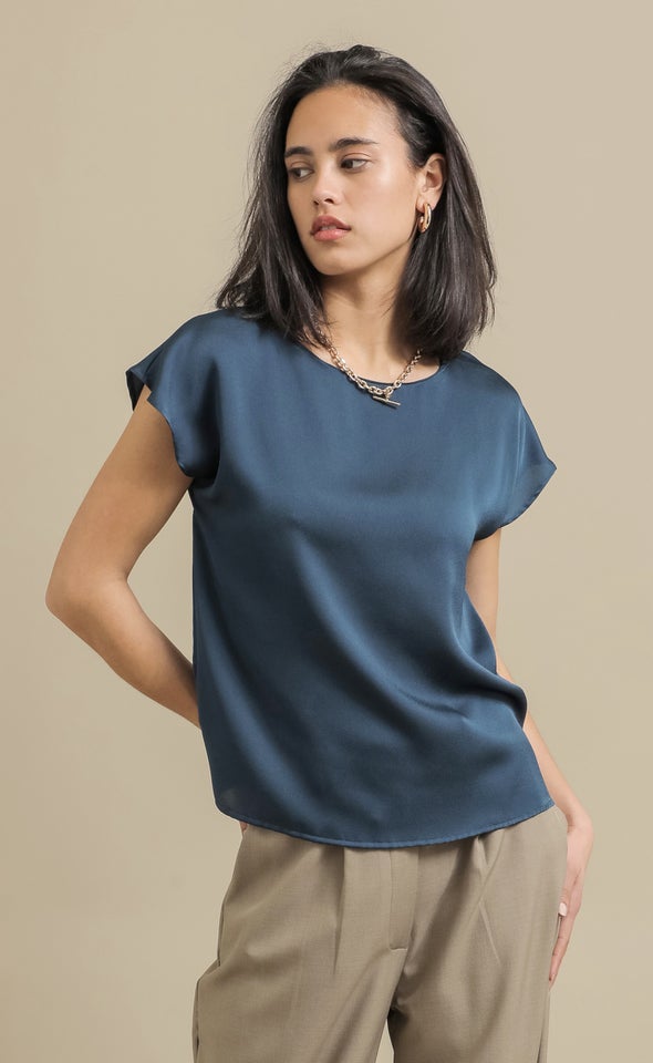 Satin Scoop Neck Top Dark Teal