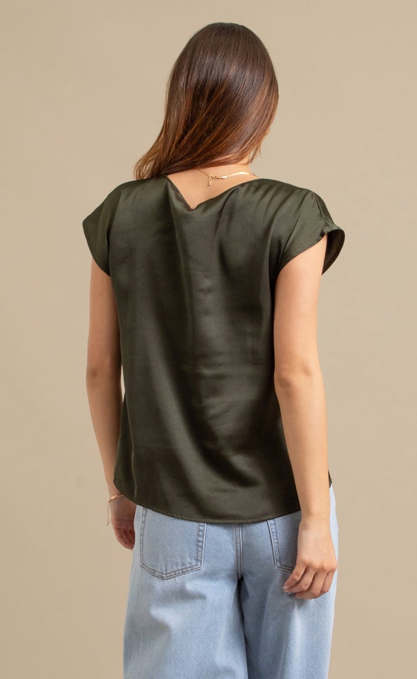 Satin Scoop Neck Top Olive