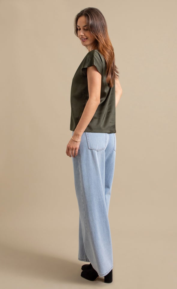 Satin Scoop Neck Top Olive