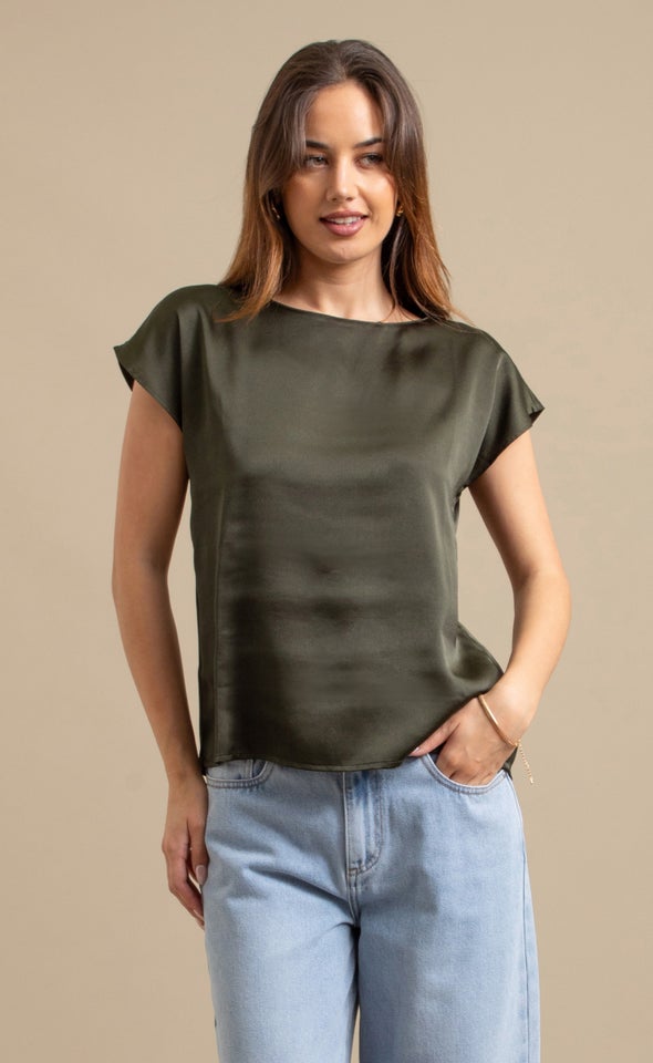 Satin Scoop Neck Top Olive