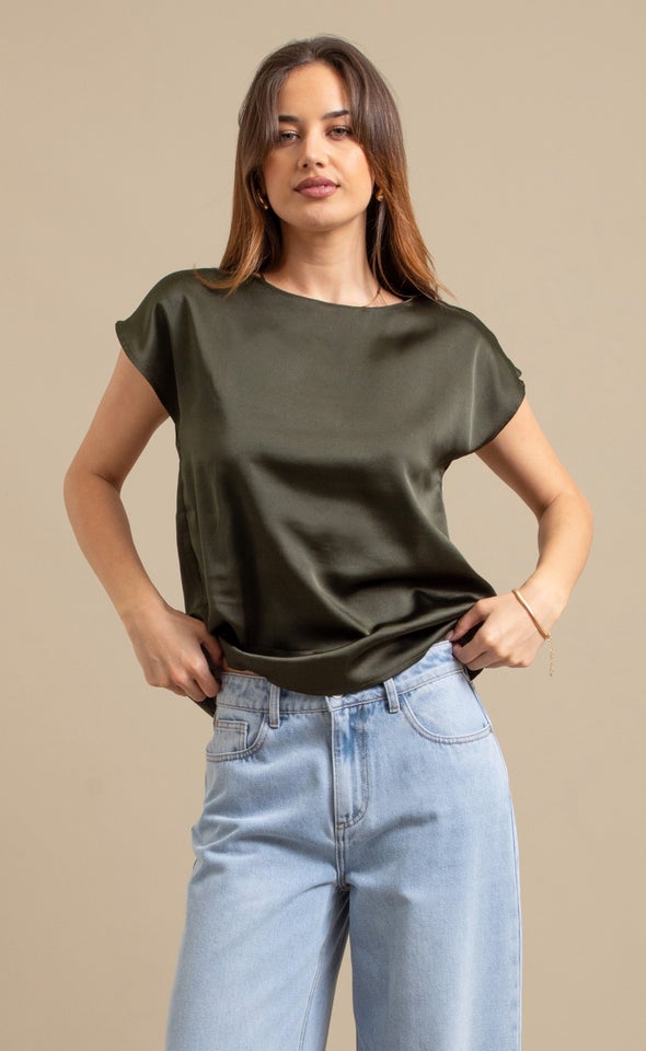 Satin Scoop Neck Top Olive
