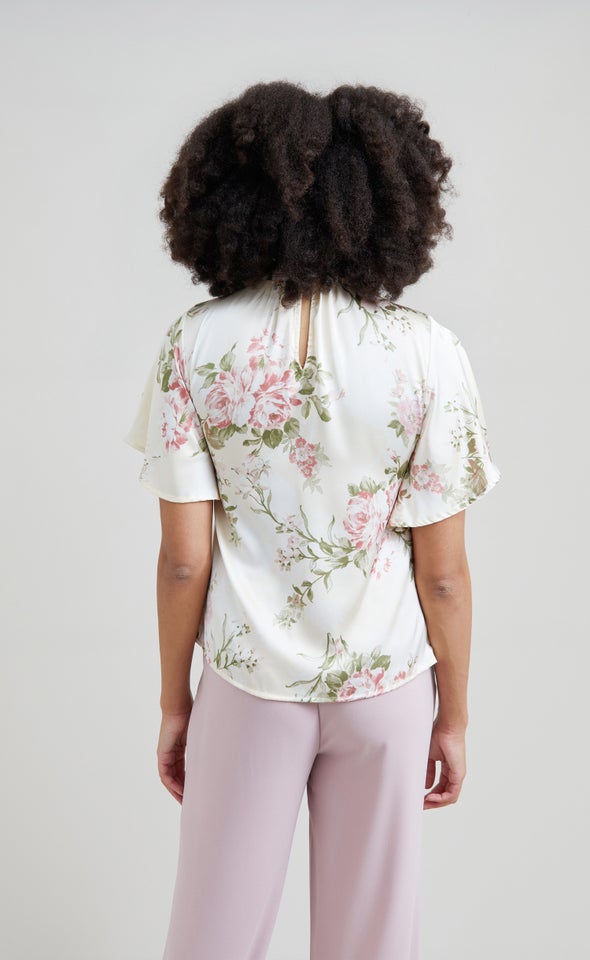 Satin Shirred High Neck Flutter Top Beige/floral