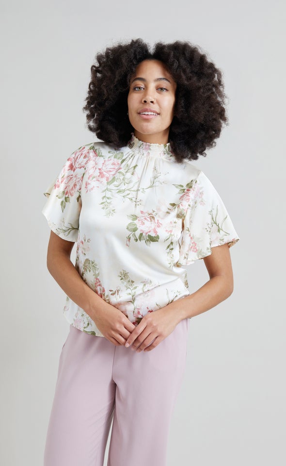 Satin Shirred High Neck Flutter Top Beige/floral