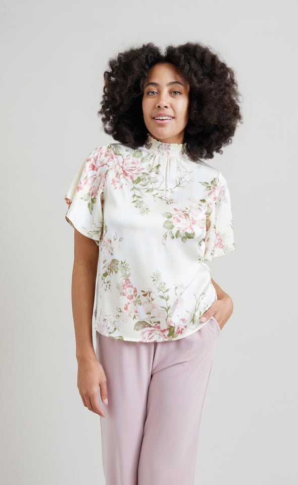 Satin Shirred High Neck Flutter Top Beige/floral