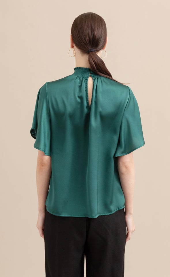 Satin Shirred High Neck Flutter Top Emerald