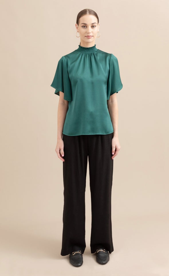 Satin Shirred High Neck Flutter Top Emerald