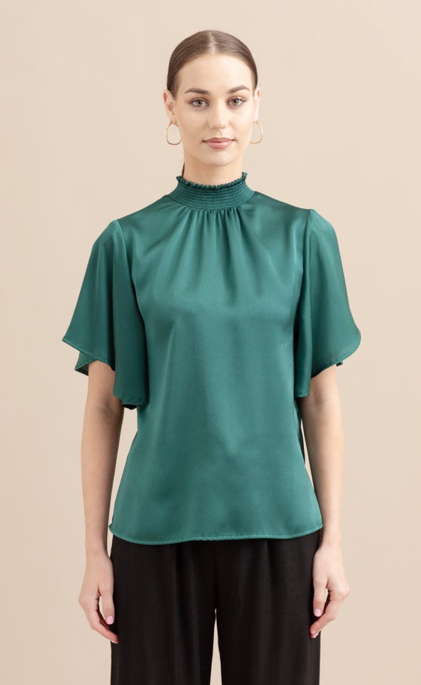 Satin Shirred High Neck Flutter Top Emerald