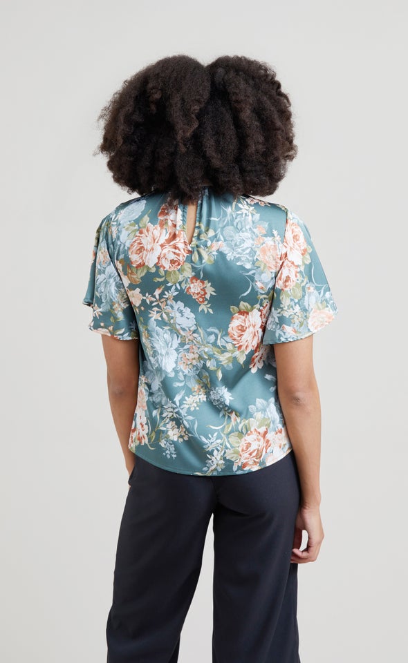 Satin Shirred High Neck Flutter Top Green/floral