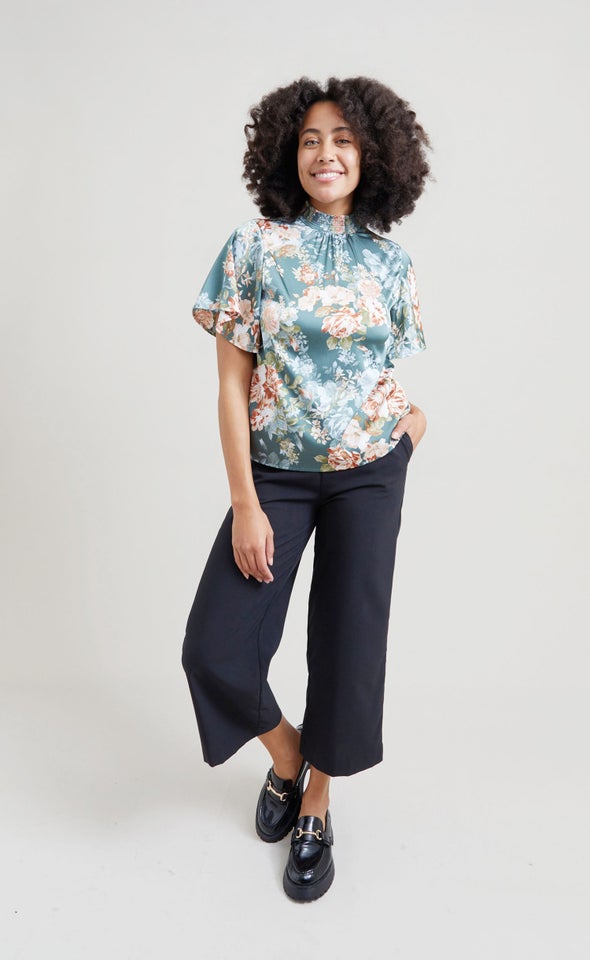 Satin Shirred High Neck Flutter Top Green/floral