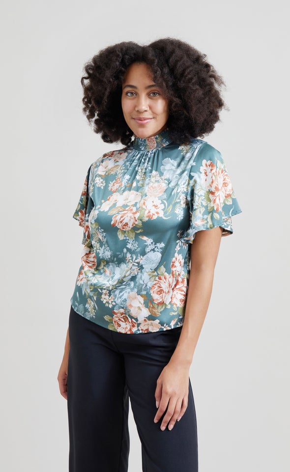 Satin Shirred High Neck Flutter Top Green/floral