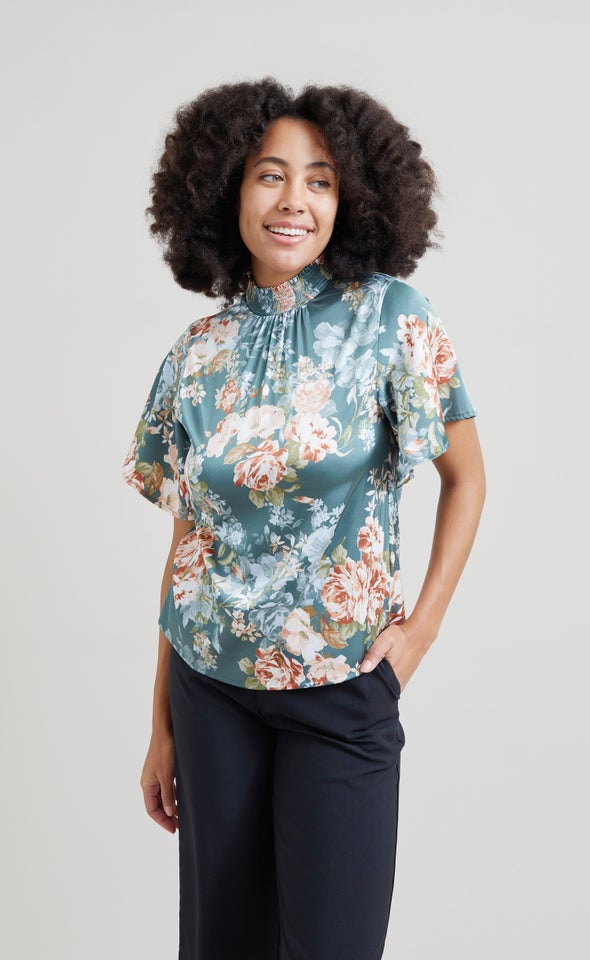 Satin Shirred High Neck Flutter Top Green/floral