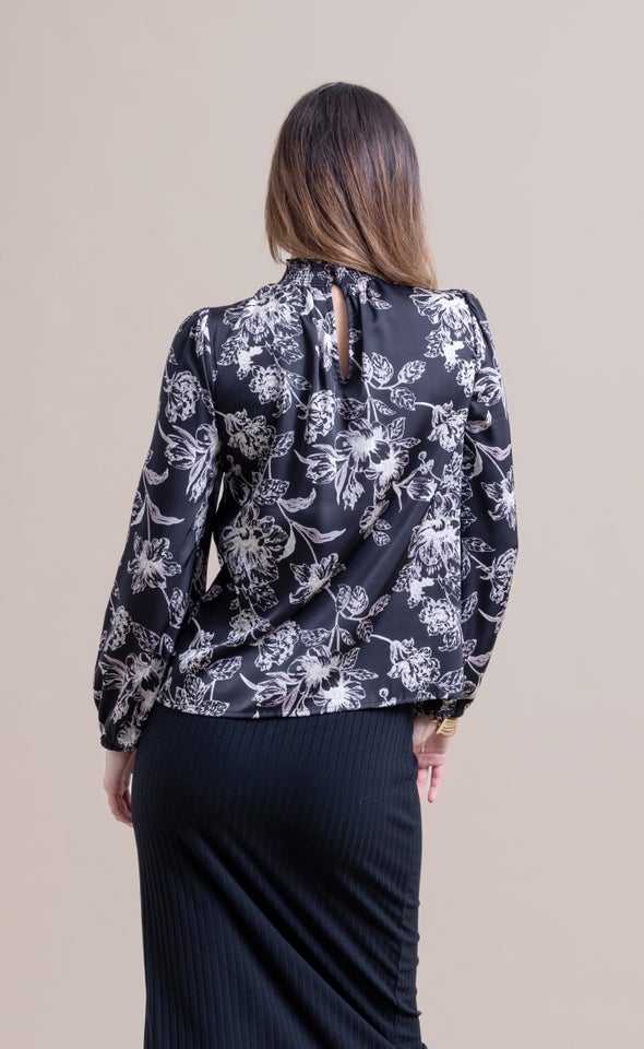 Satin Shirred High Neck LS Top Black/floral