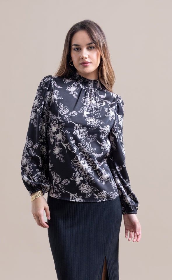 Satin Shirred High Neck LS Top Black/floral