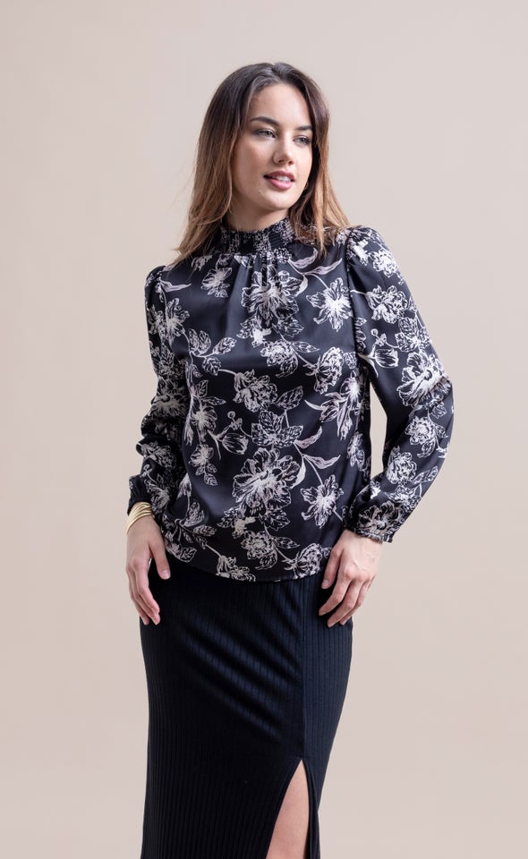 Satin Shirred High Neck LS Top Black/floral