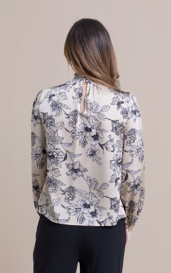 Satin Shirred High Neck LS Top Champagne/floral