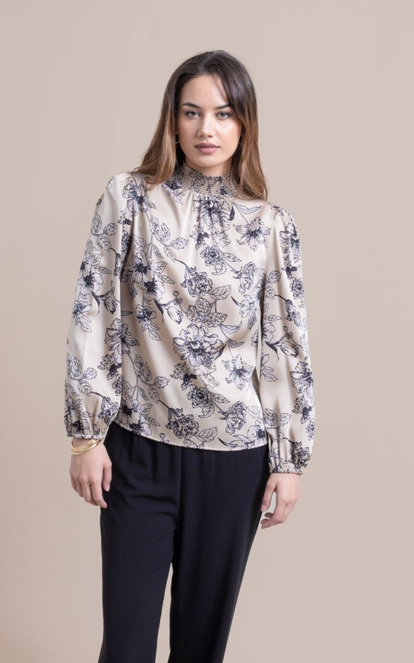 Satin Shirred High Neck LS Top Champagne/floral