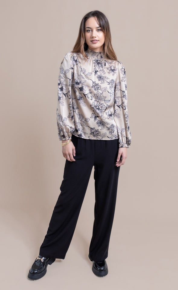 Satin Shirred High Neck LS Top Champagne/floral