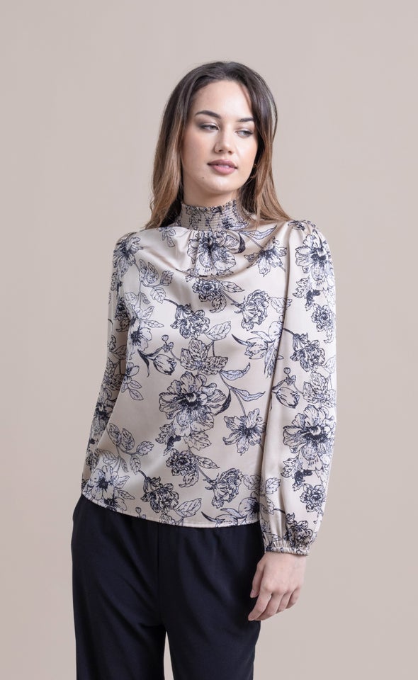 Satin Shirred High Neck LS Top Champagne/floral
