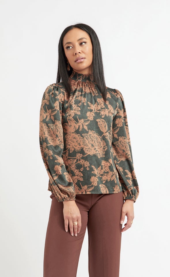 Satin Shirred High Neck LS Top Emerald/tan